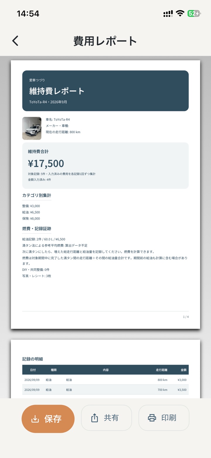 維持費レポートの実際のPDF画面。保存、共有、印刷のボタンが並びます。