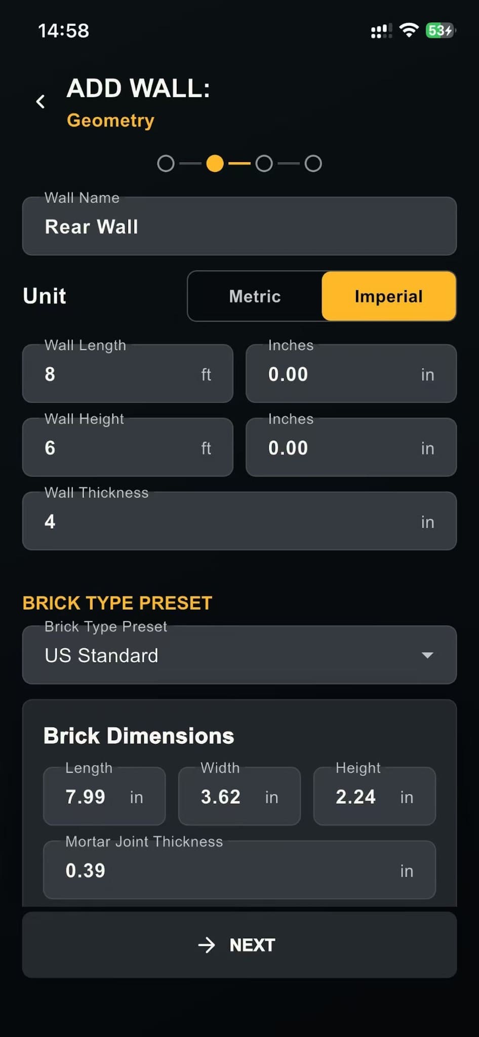 Add wall geometry screen