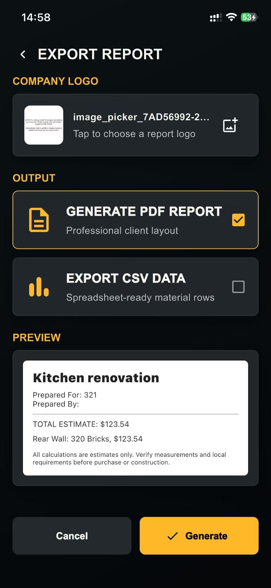 Export report screen