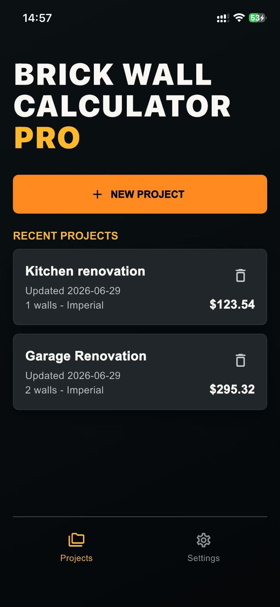 Projects screen