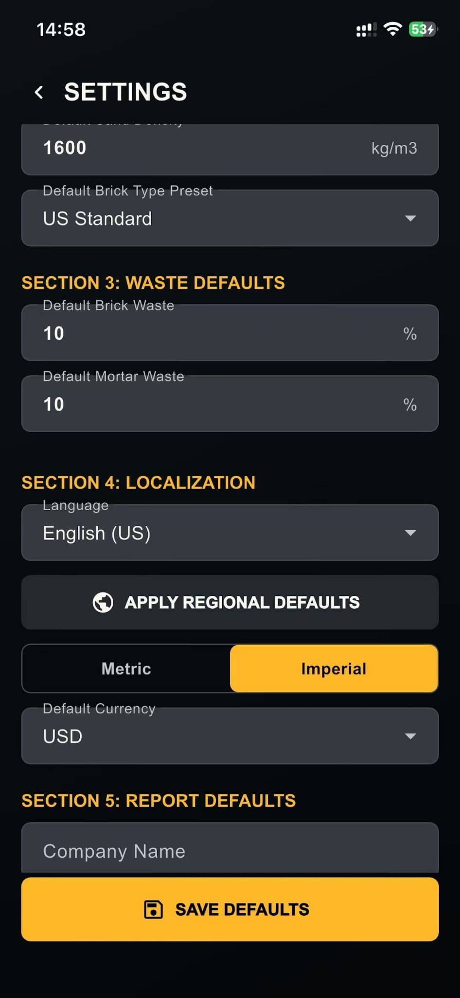 Settings defaults