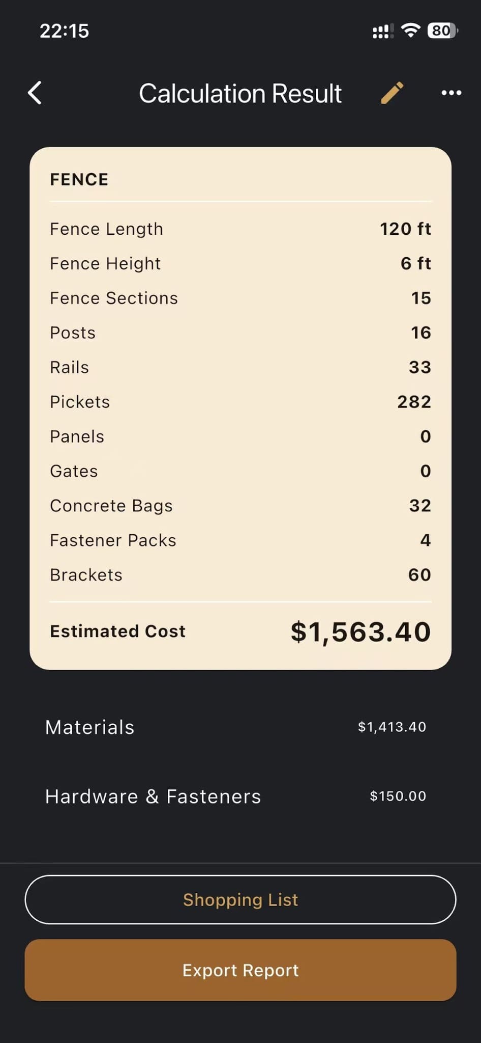 Calculation result screen
