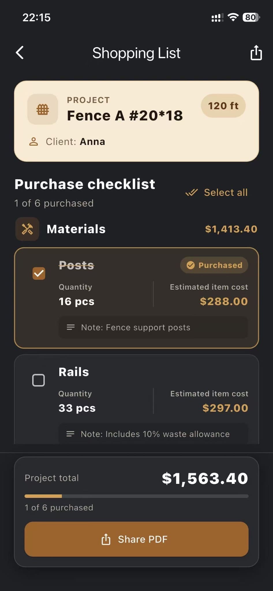 Shopping list screen