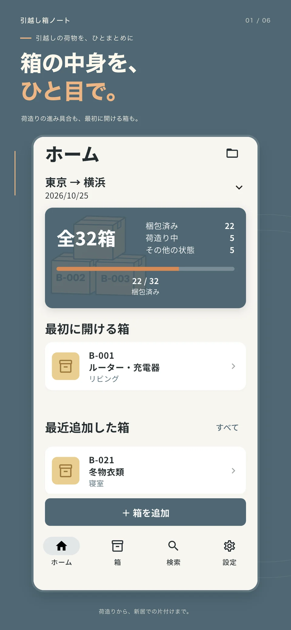 箱と荷造り進捗の一覧