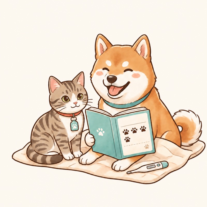 手帳を囲んで寄り添う柴犬と猫のイラスト