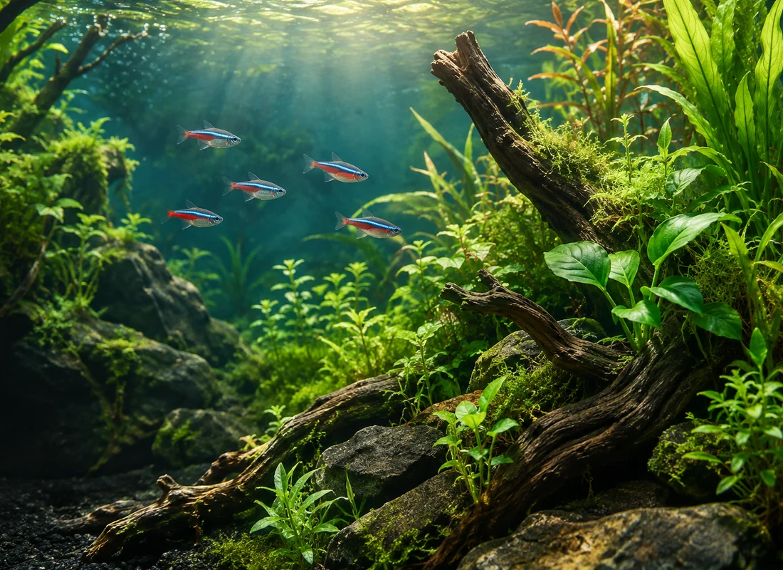 A lush planted freshwater aquarium with small fish and driftwood