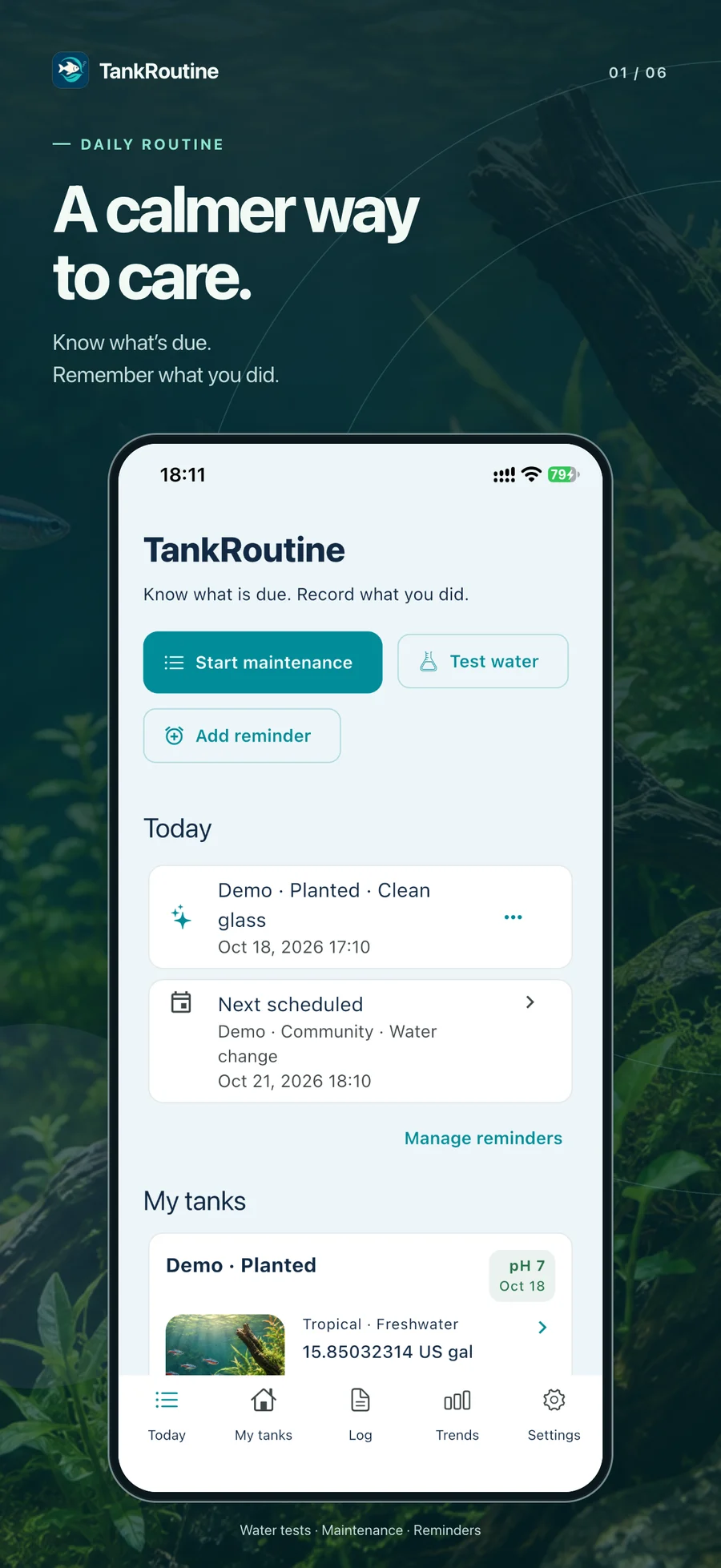 TankRoutine App Store preview showing the Today screen and next scheduled aquarium care