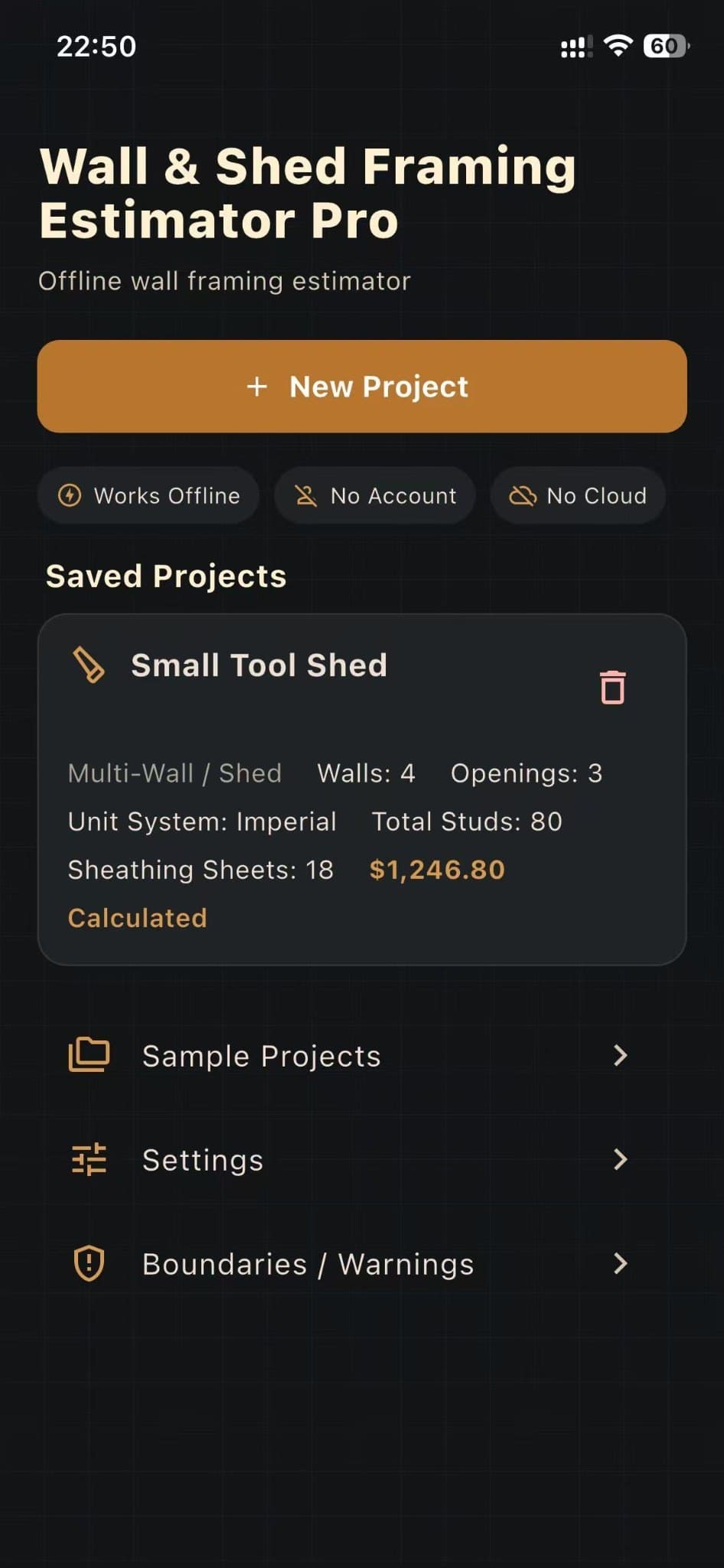 Saved projects screen