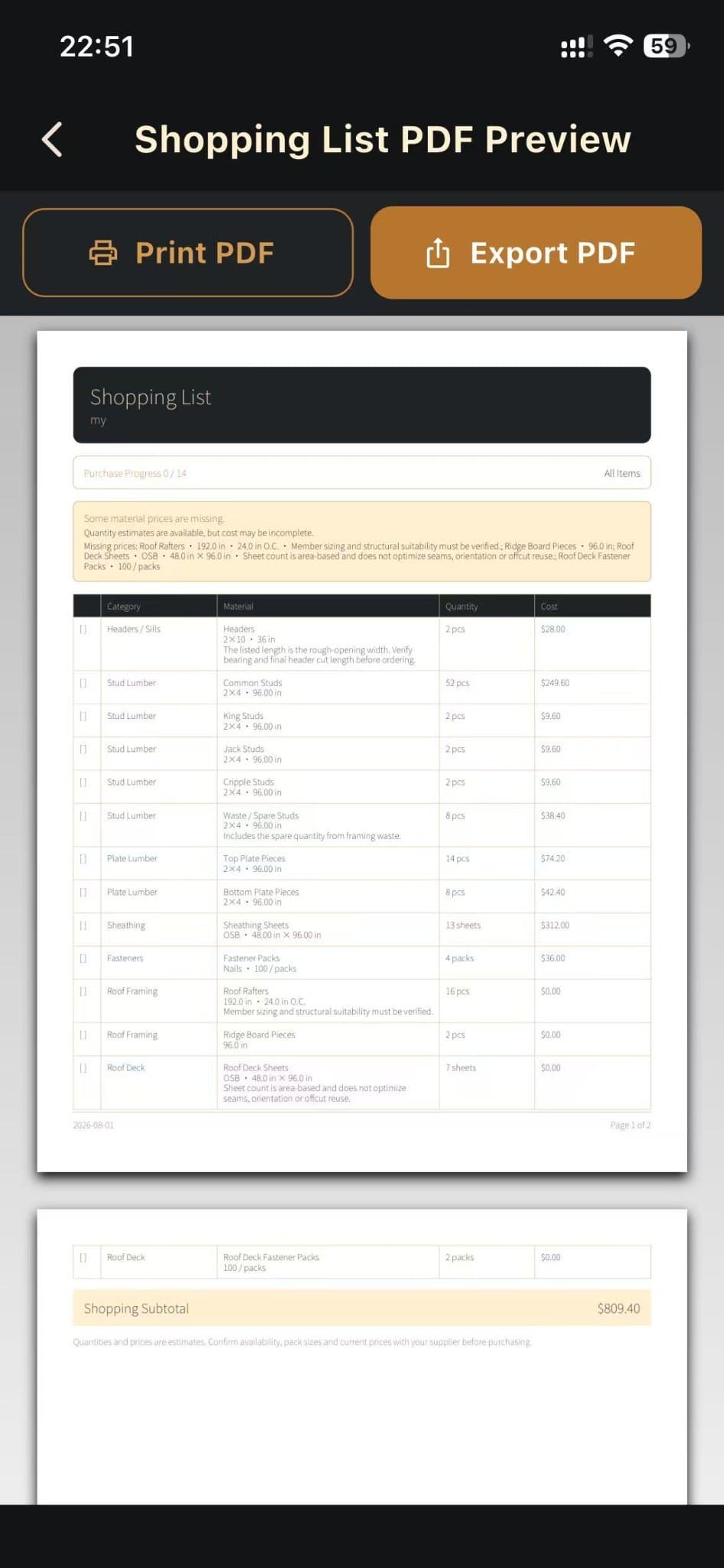 Shopping list PDF preview