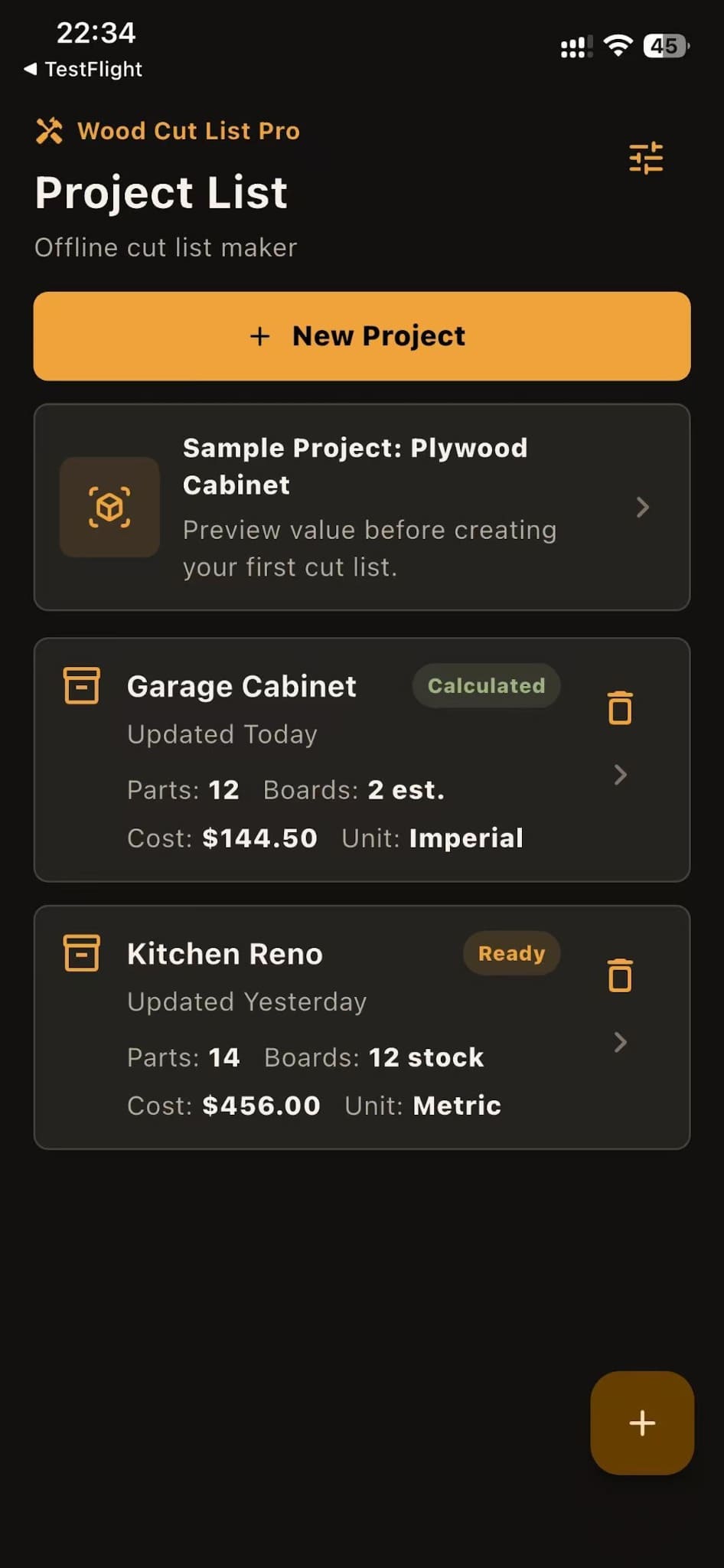 Project list screen