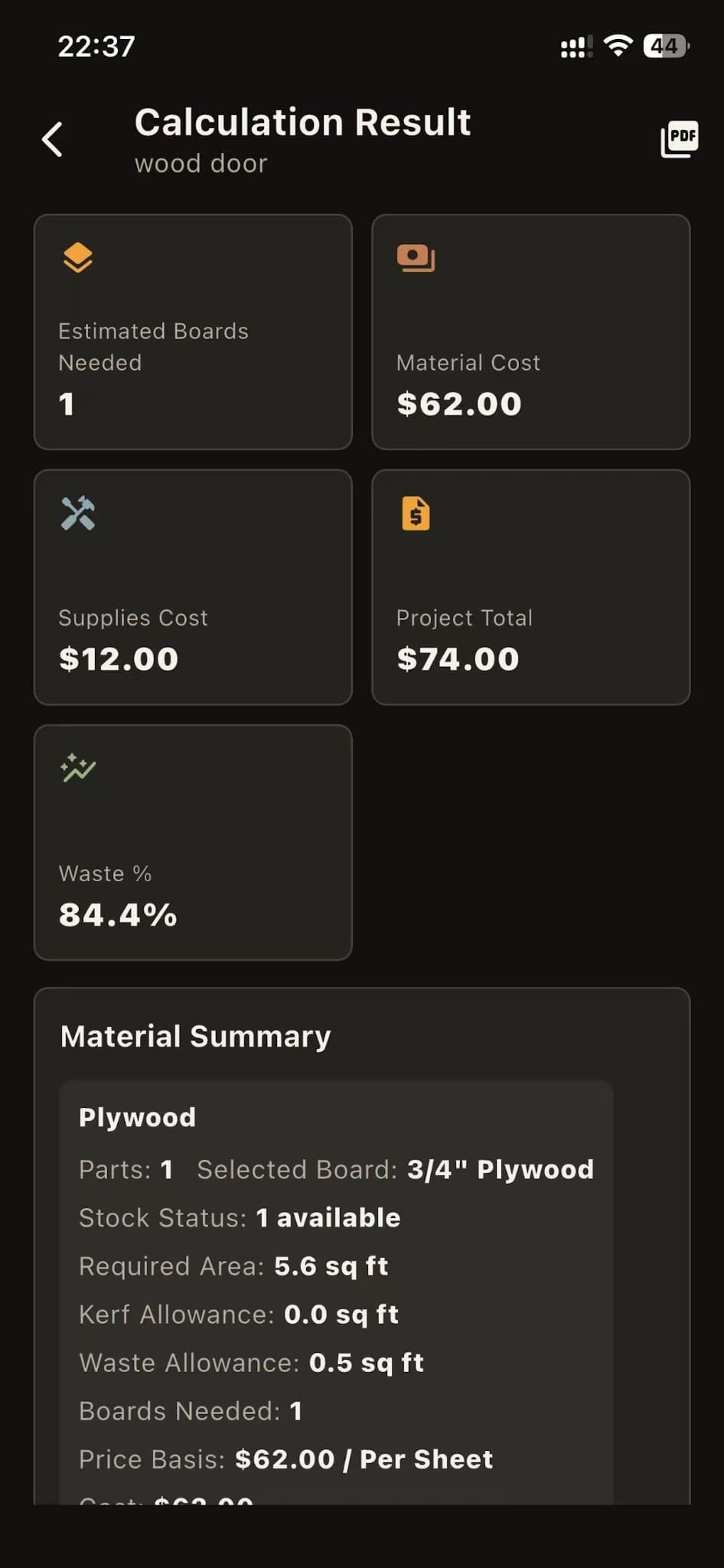Calculation result screen