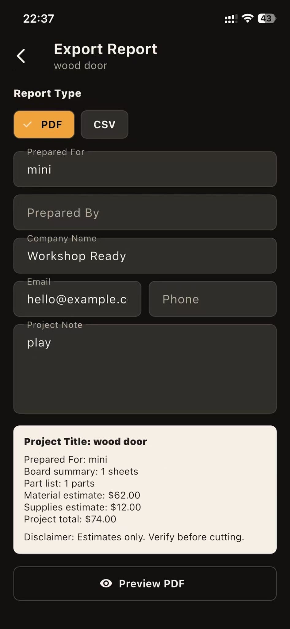 Export report screen